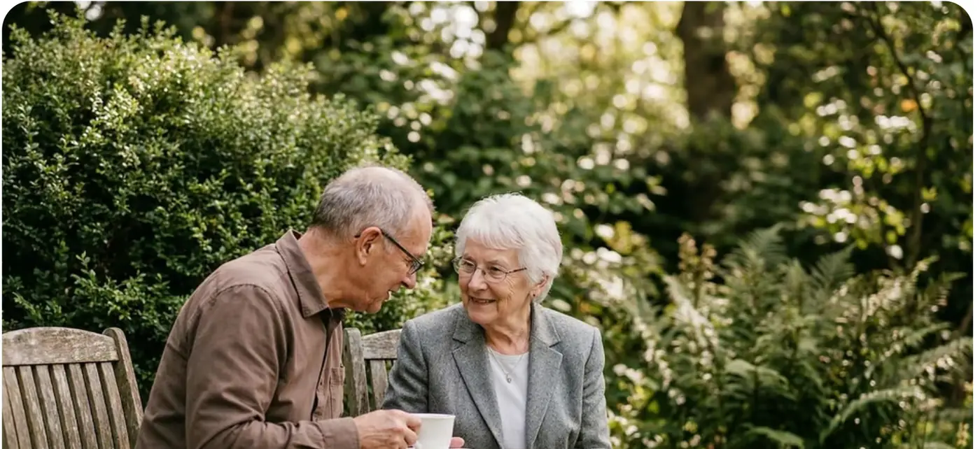 Happy retired couple relaxing together with coffee in a peaceful green garden